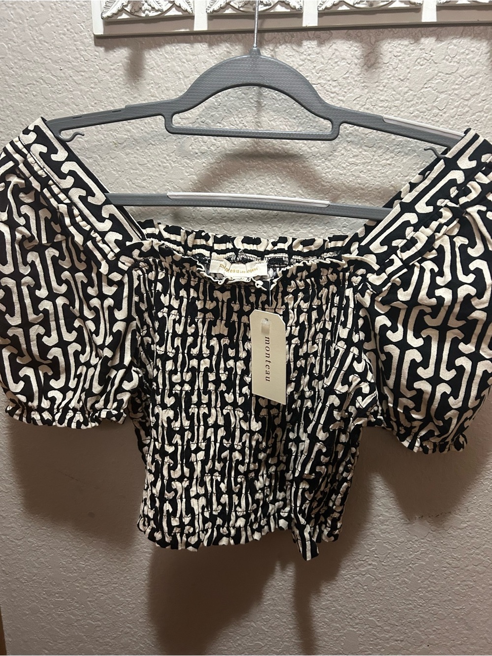 Monteau Black & Cream Patterned Smocked Off-Shoulder Puff Sleeve Top